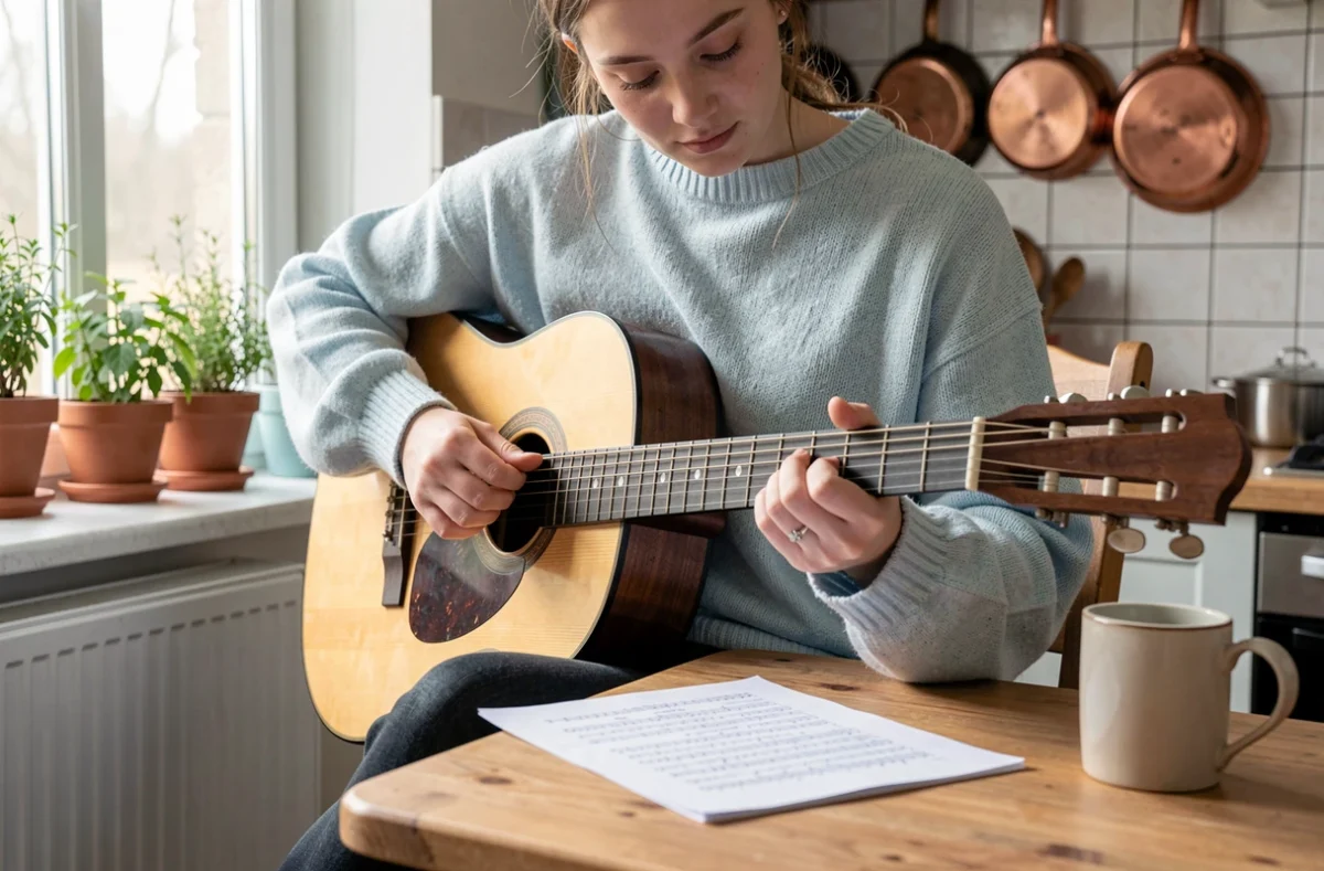 Jeune femme apprenant les accords de Let It Be à la guitare classique avec une tablature imprimée sur une table en bois