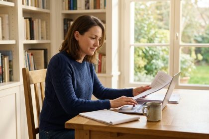 Femme concentr&eacute;e travaillant dans un bureau lumineux &agrave; Royan