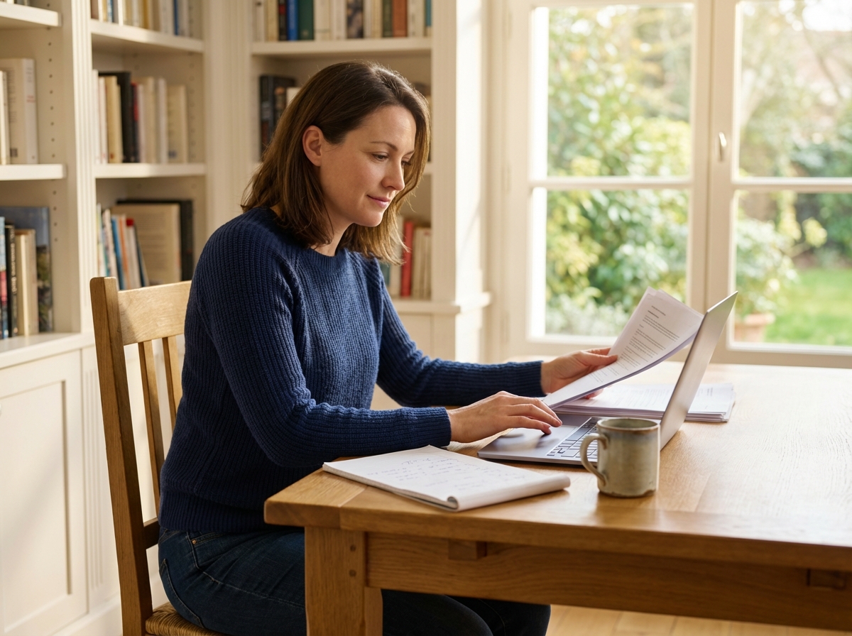 Femme concentrée travaillant dans un bureau lumineux à Royan