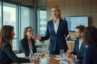 Manager femme en costume navy lors d'une réunion en entreprise