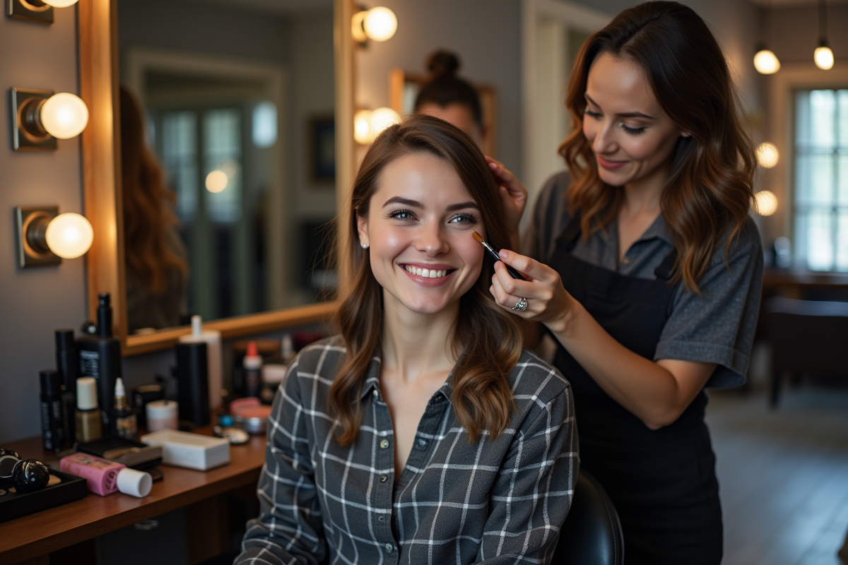 Femme souriante en maquillage professionnel en coulisses