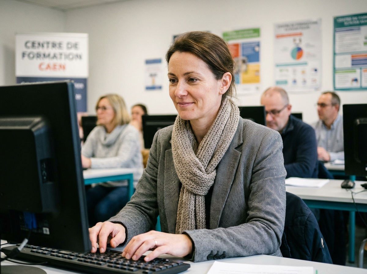 Femme concentrée sur son ordinateur dans une salle de formation à Caen