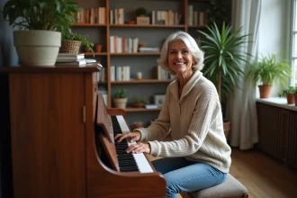 Femme d'âge moyen jouant du piano dans un salon chaleureux