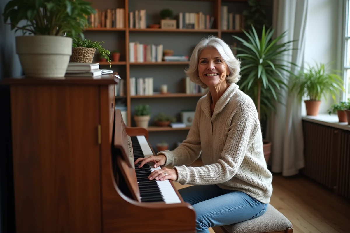Femme d'âge moyen jouant du piano dans un salon chaleureux