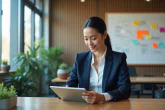 Jeune femme professionnelle en bureau moderne travaillant sur une tablette