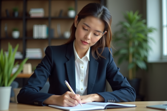 Femme professionnelle en bureau moderne avec carnet et stylos