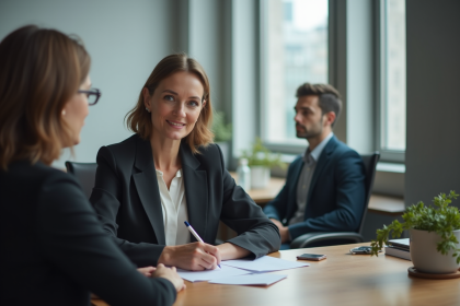 Femme professionnelle en réunion avec coach dans un bureau moderne