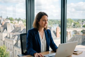 Femme en blazer navy cherchant emploi sur son laptop à Chatellerault