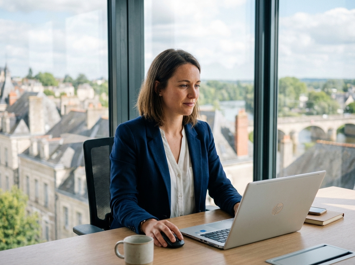 Femme en blazer navy cherchant emploi sur son laptop à Chatellerault