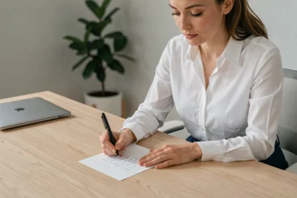 Femme professionnelle rédigeant une lettre de motivation courte à son bureau à domicile