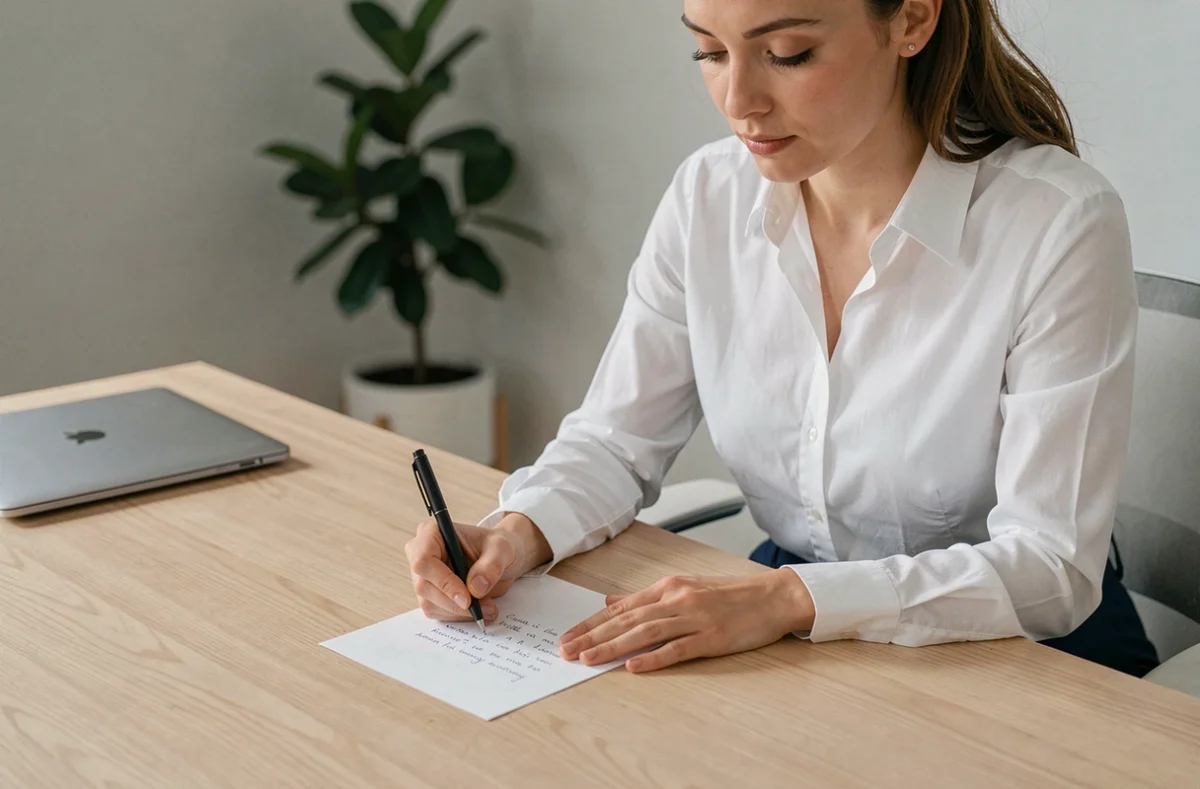 Femme professionnelle rédigeant une lettre de motivation courte à son bureau à domicile