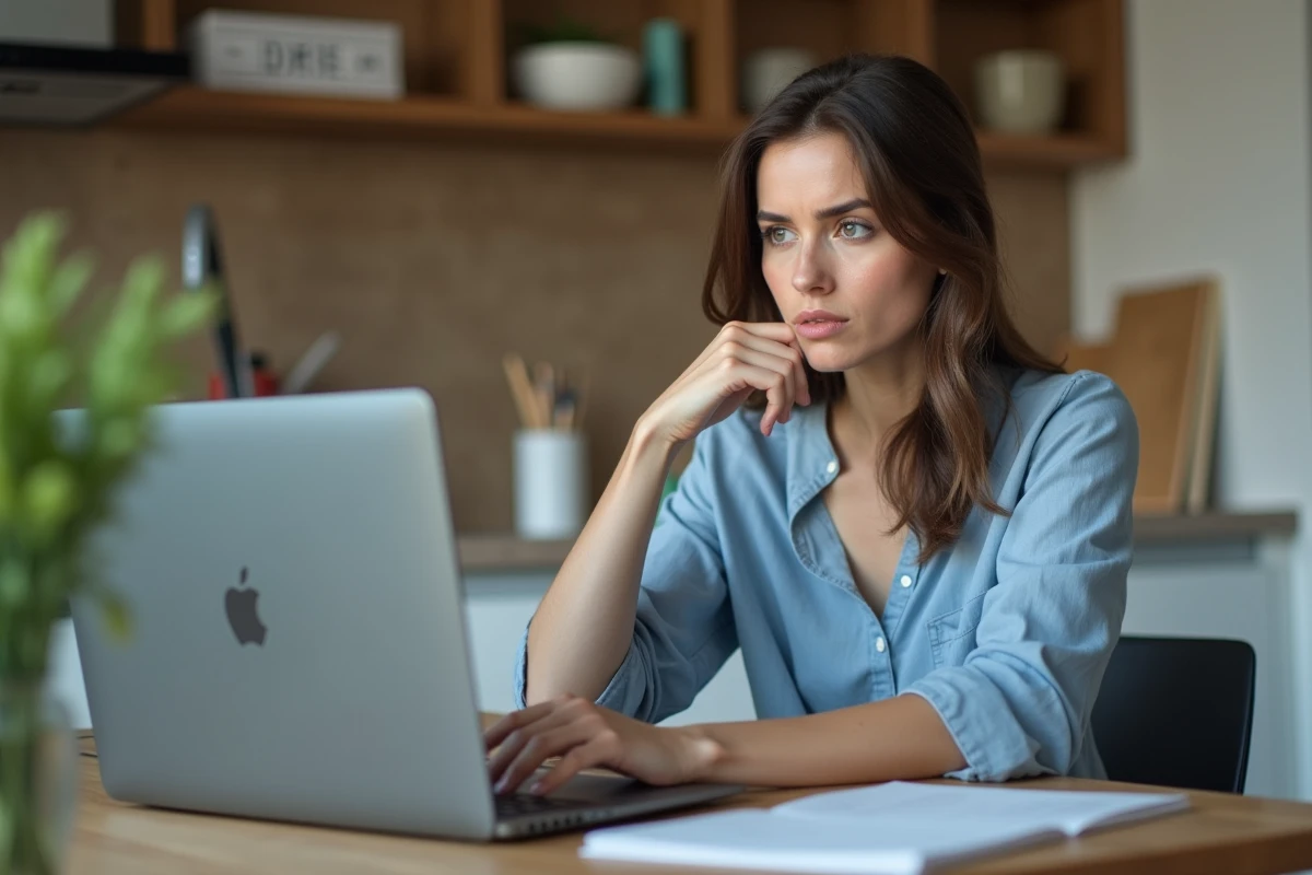 Femme réfléchie utilisant un ordinateur pour un test IQ à la maison