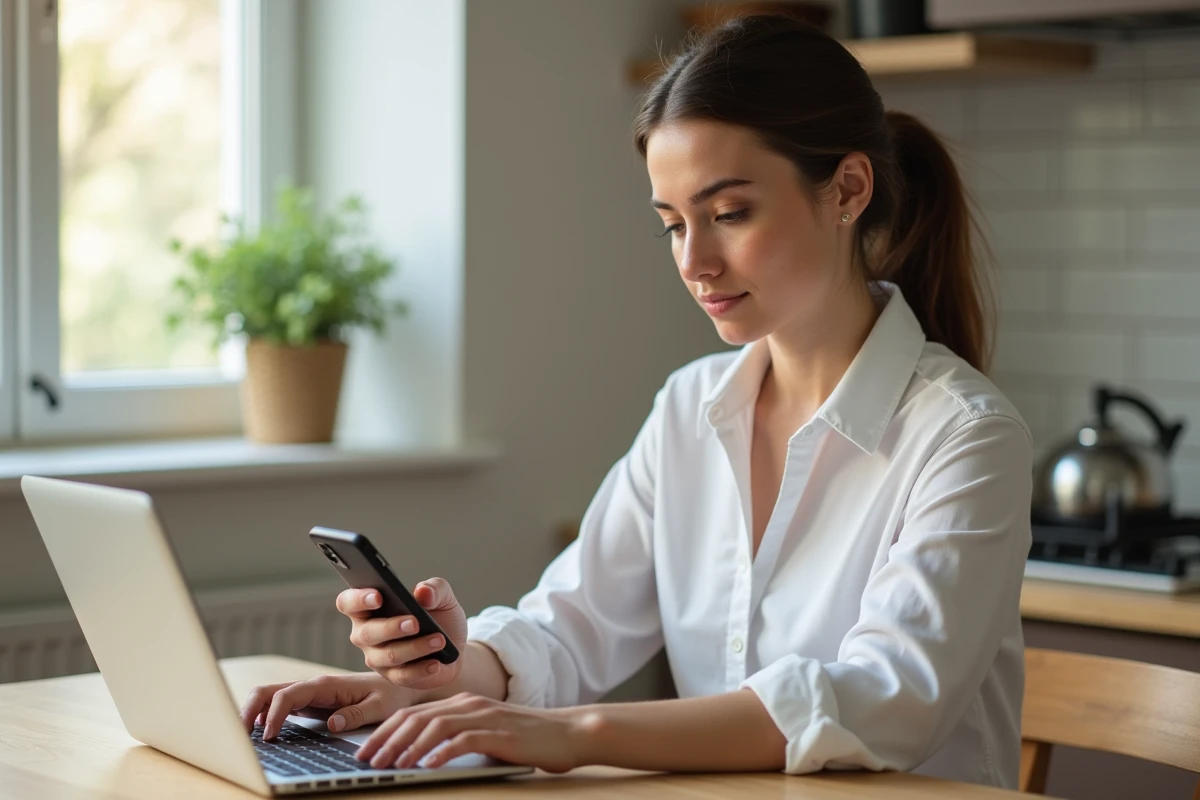 Femme utilisant simultanément son smartphone et son ordinateur portable à domicile pour résoudre un problème technique sur le portail e-candidat de la Sorbonne Nouvelle