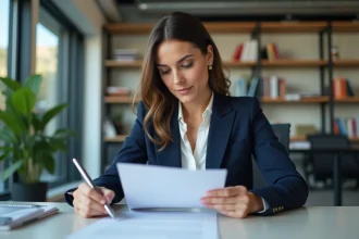 Femme en blazer bleu blanc lit une lettre de recommandation