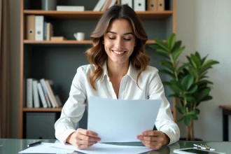 Femme en bureau moderne examinant son CV avec sourire