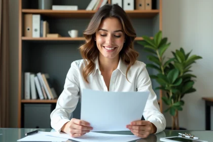 Femme en bureau moderne examinant son CV avec sourire
