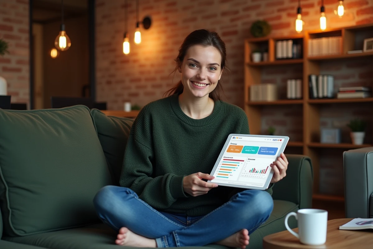 Jeune femme consultant un tableau de bord d'emailing avec statistiques et segments d'audience sur tablette dans un espace coworking