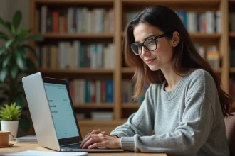 Femme concentrée passant un test de QI en ligne sur un ordinateur portable dans un bureau à domicile