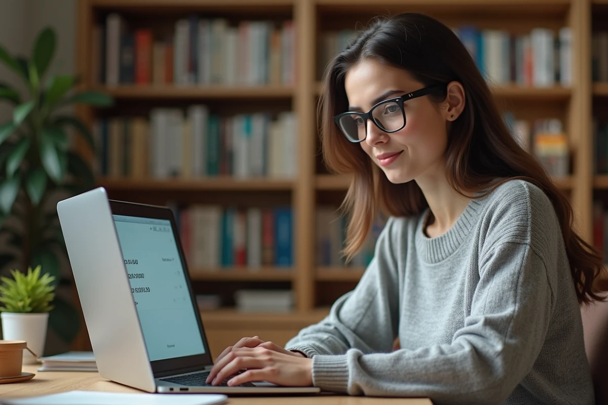 Femme concentrée passant un test de QI en ligne sur un ordinateur portable dans un bureau à domicile