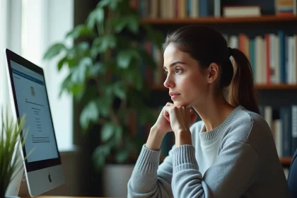 Femme concentrée passant un test de QI en ligne sur son ordinateur dans un bureau à domicile moderne