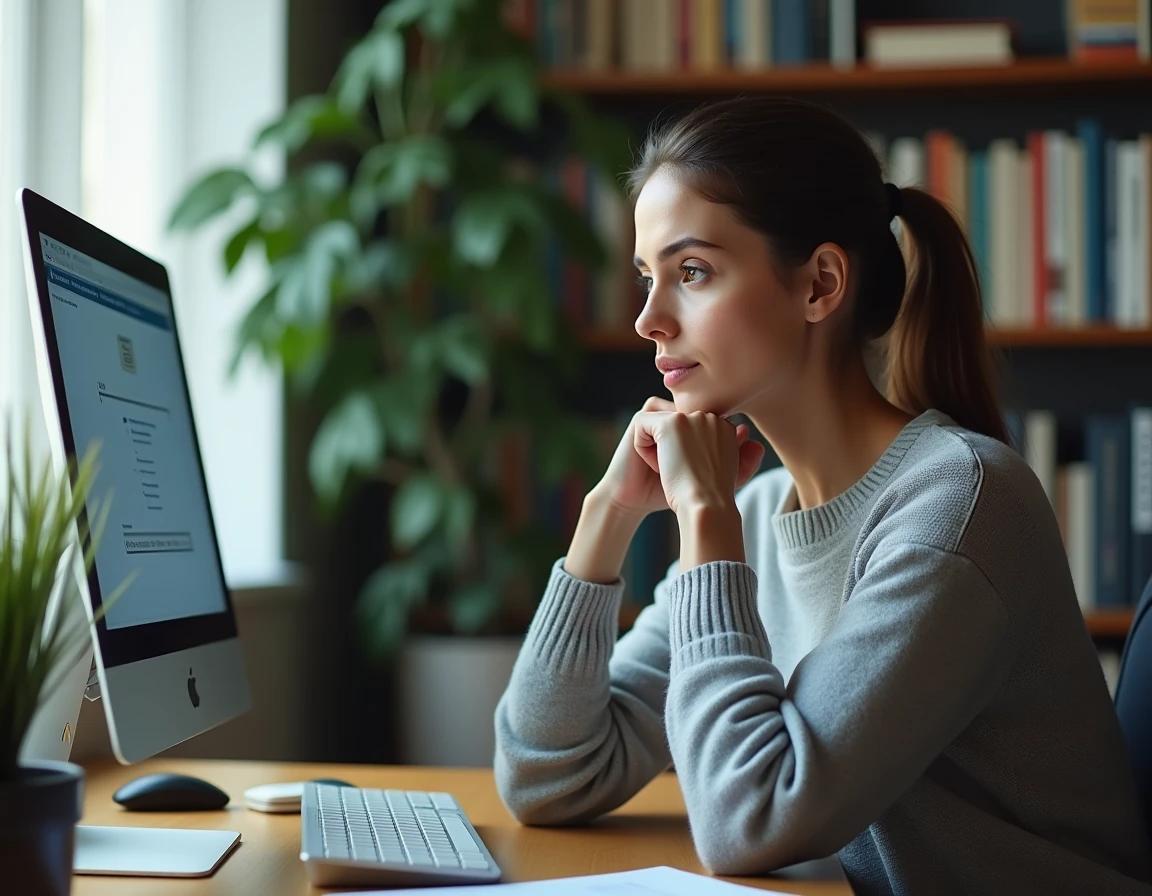Femme concentrée passant un test de QI en ligne sur son ordinateur dans un bureau à domicile moderne