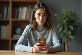 Femme concentrée passant un test de QI gratuit sur smartphone à son bureau à domicile