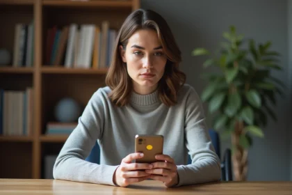 Femme concentrée passant un test de QI gratuit sur smartphone à son bureau à domicile