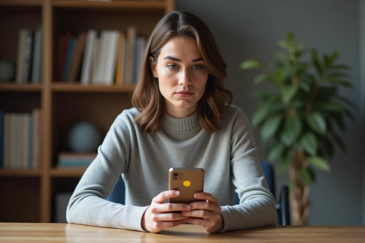 Femme concentrée passant un test de QI gratuit sur smartphone à son bureau à domicile