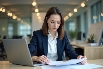 Femme en bureau moderne travaillant sur un ordinateur