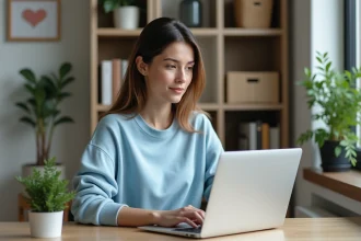 Femme assise à son bureau à domicile en train de taper sur un ordinateur