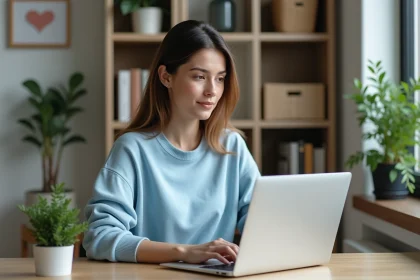 Femme assise &agrave; son bureau &agrave; domicile en train de taper sur un ordinateur