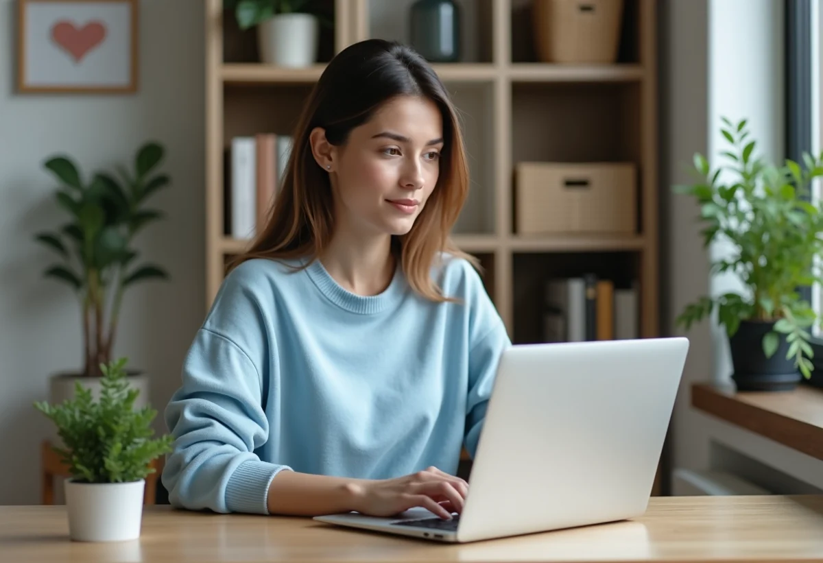 Femme assise à son bureau à domicile en train de taper sur un ordinateur