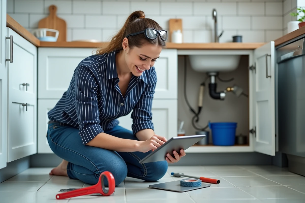 Femme suivant un tutoriel de plomberie sur tablette lors d'une réparation dans la cuisine avec des outils professionnels
