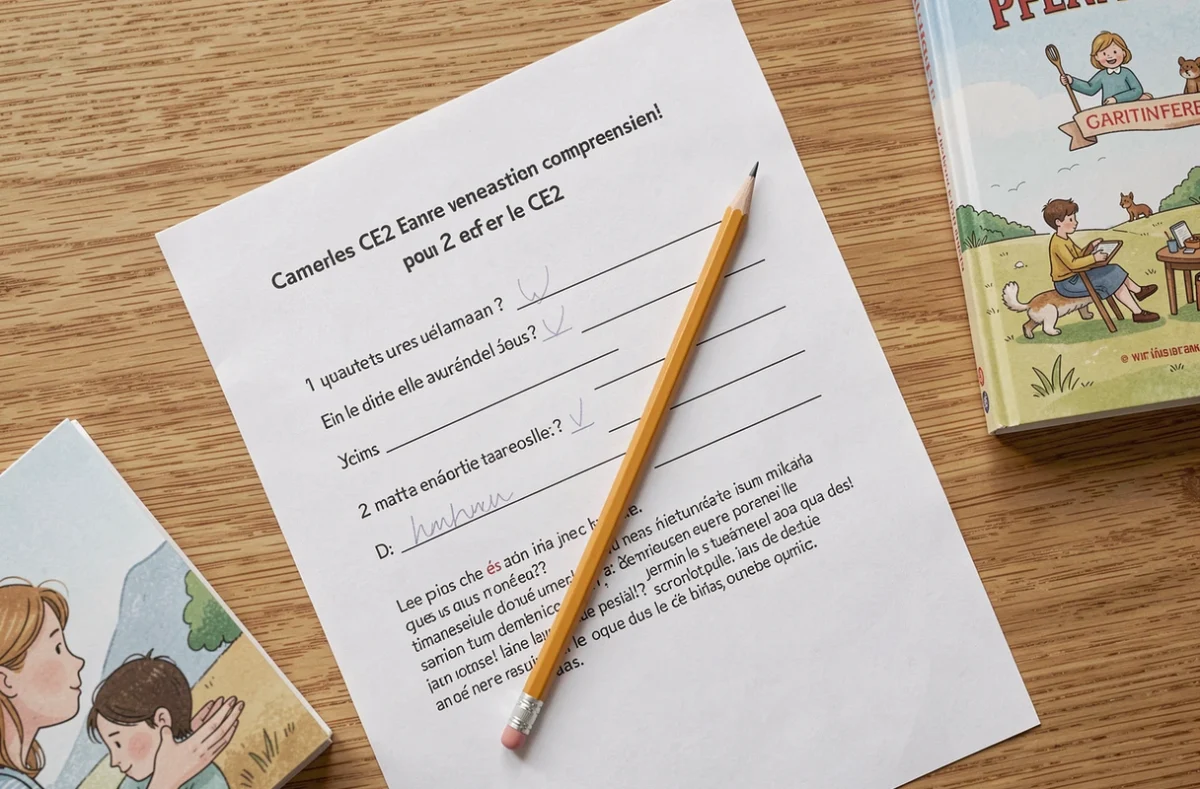 Fiche de lecture CE2 imprimée sur un bureau avec crayon et livre illustré en français