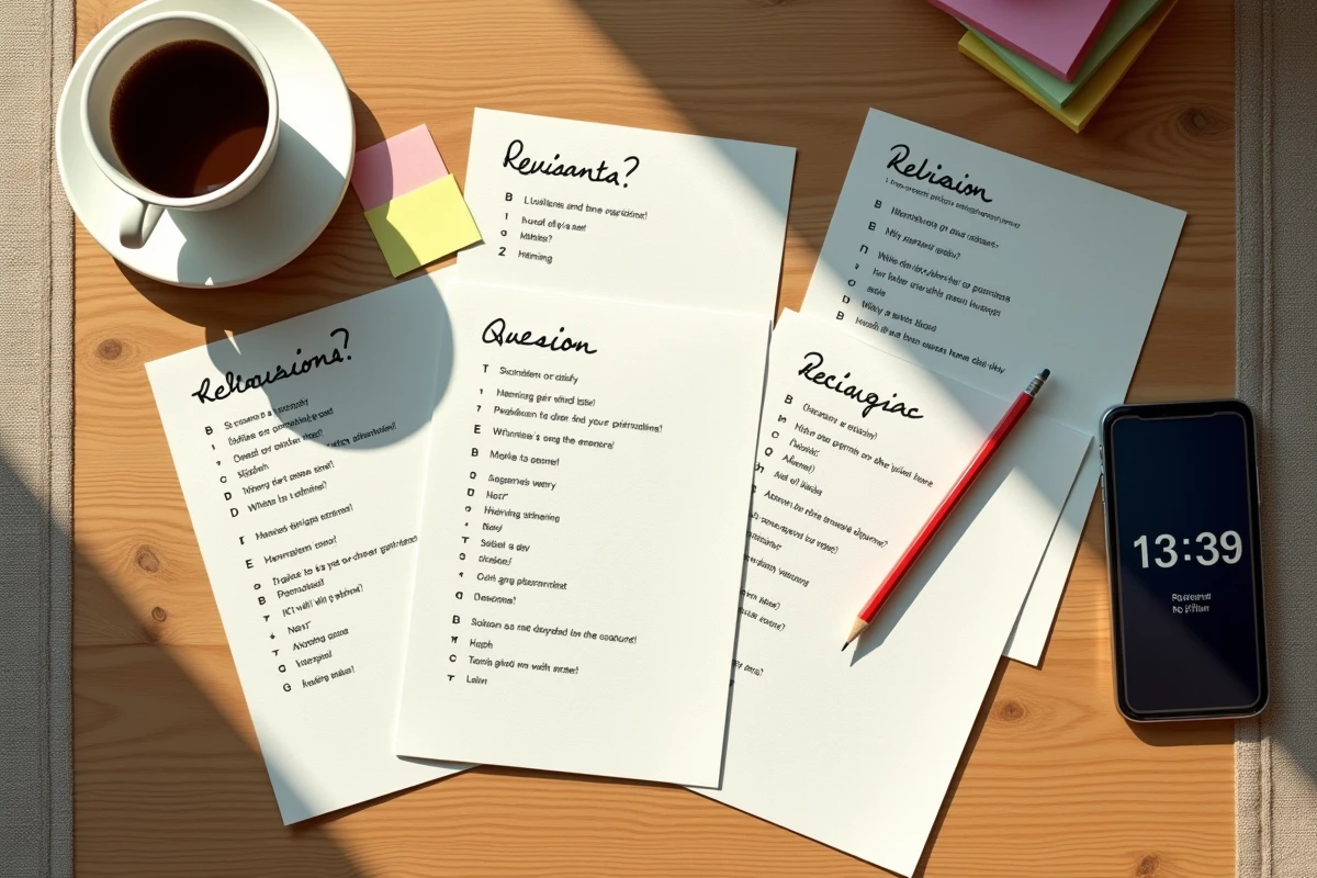 Vue de dessus de fiches de révision thématiques imprimées pour les 200 questions de naturalisation avec annotations manuscrites