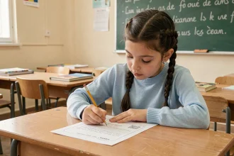 Fillette de CE2 concentrée sur sa fiche de lecture à son bureau en classe