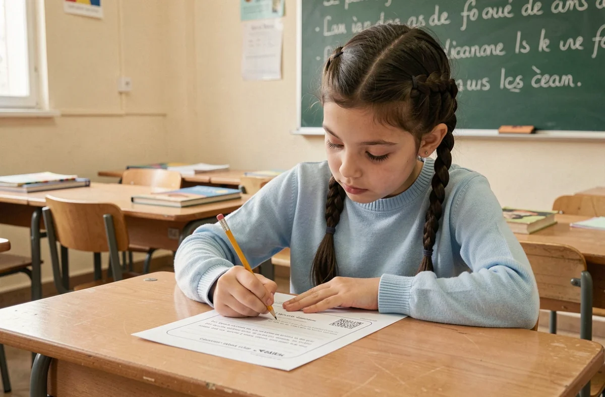 Fillette de CE2 concentrée sur sa fiche de lecture à son bureau en classe