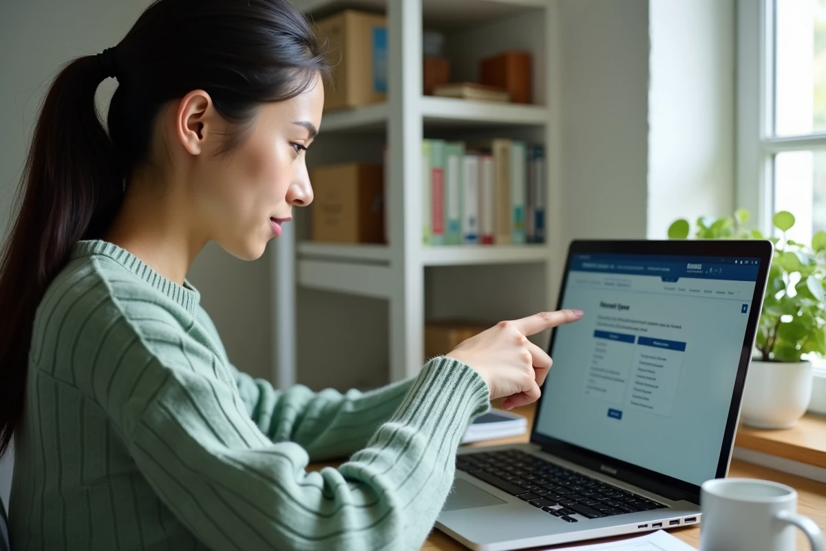 Jeune femme découvrant les fonctions cachées de la plateforme Cyclades pour la gestion des examens depuis son bureau à domicile