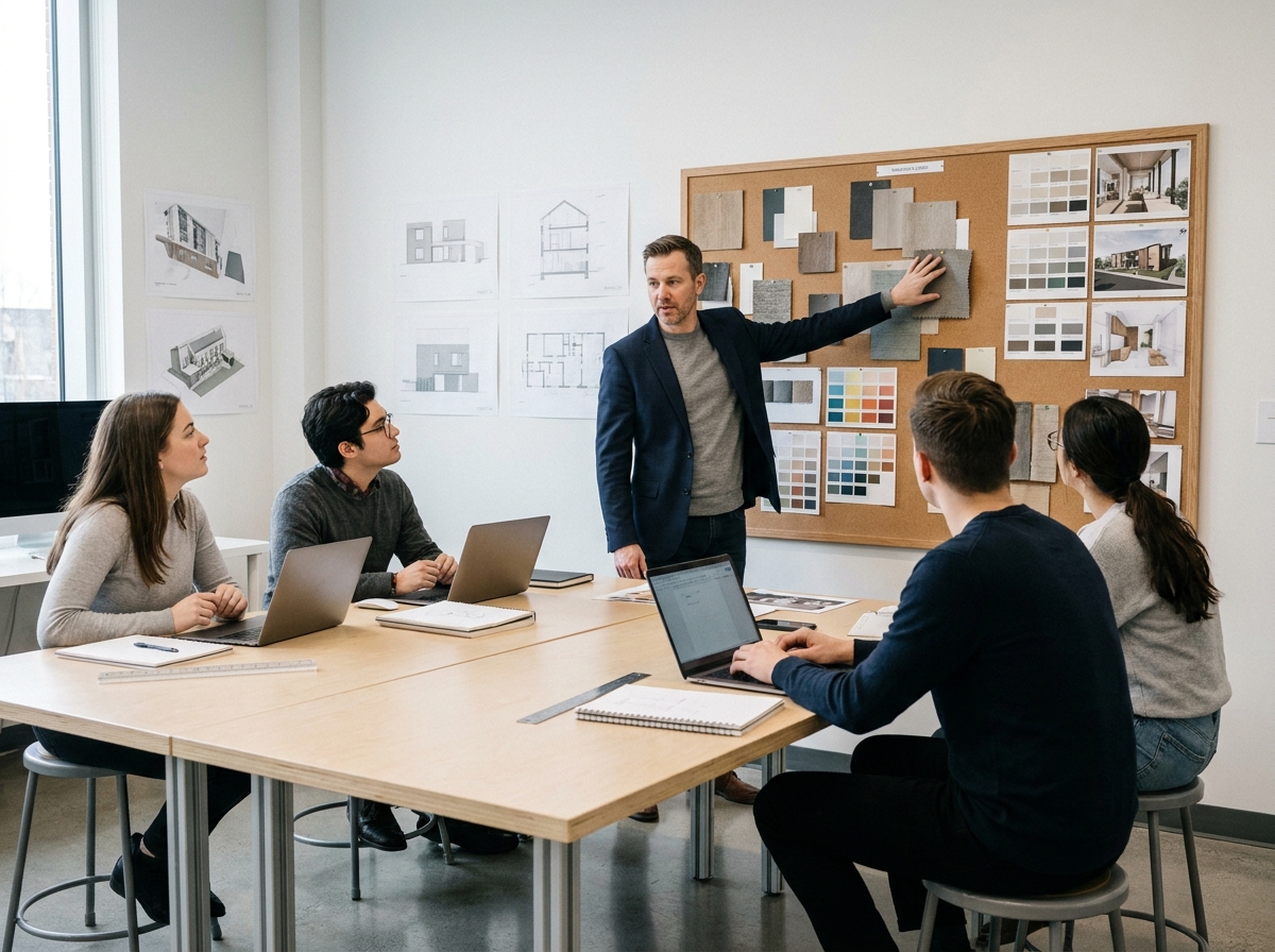 Formateur en design d'intérieur présentant un moodboard à des étudiants lors d'un cours professionnel