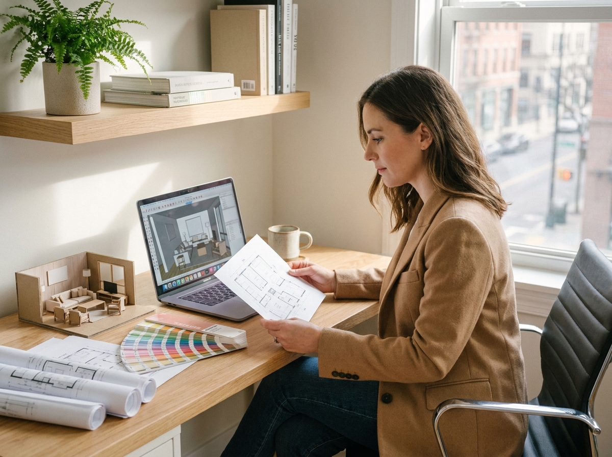 Femme apprenant la conception d'intérieur en ligne avec un logiciel 3D et des maquettes architecturales
