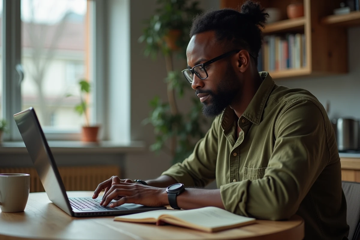 Homme adulte sans diplôme travaillant sur son projet professionnel depuis chez lui avec un ordinateur portable