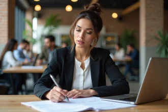 Femme adulte en reconversion professionnelle consultant des documents de formation dans un espace de co-working moderne