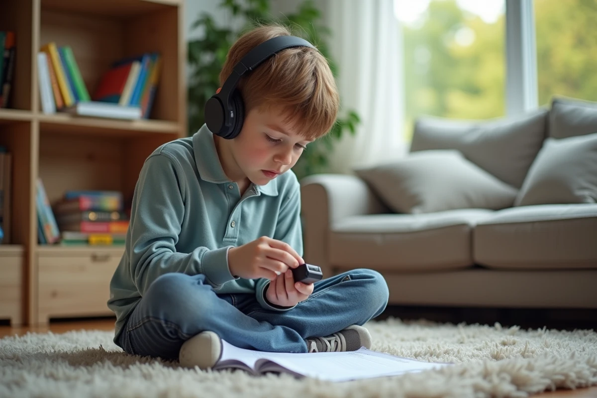 Gar&ccedil;on fran&ccedil;ais de 10 ans avec casque en train de r&eacute;p&eacute;ter une dict&eacute;e