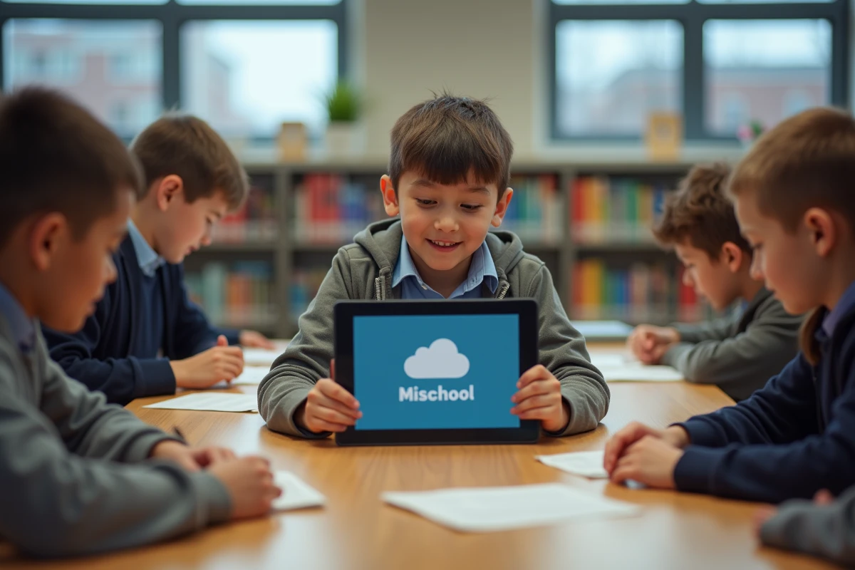 Garçon souriant utilisant une tablette avec Mischool en groupe à l