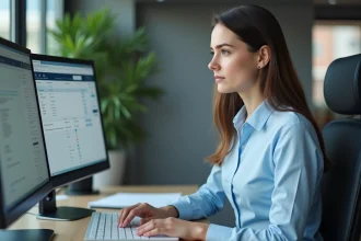 Femme fonctionnaire utilisant la plateforme Cyclades pour gérer des examens et concours sur un poste informatique en bureau administratif