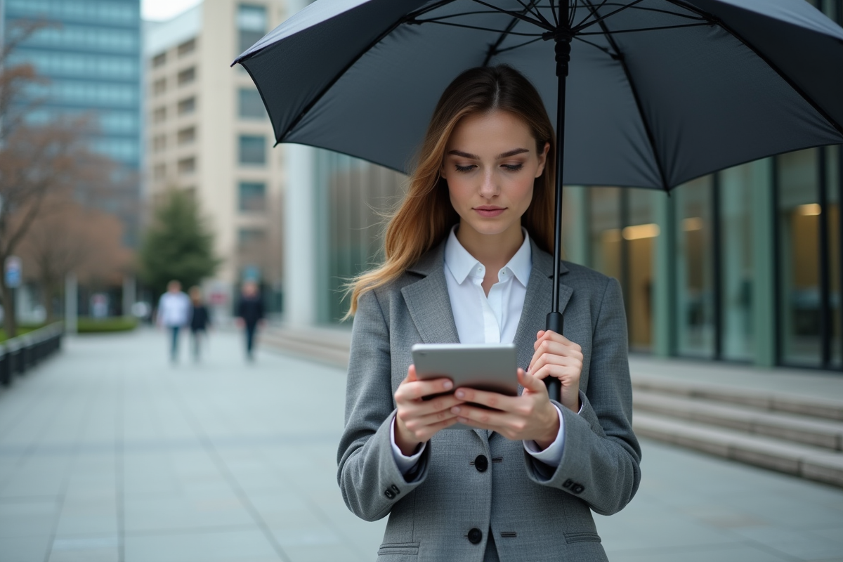 Jeune gestionnaire de banque avec parapluie devant banque