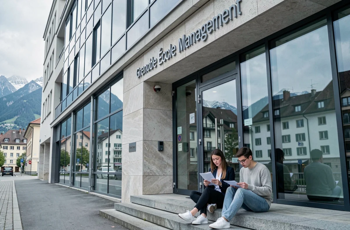 Façade moderne de Grenoble École de Management avec des étudiants devant l'entrée principale