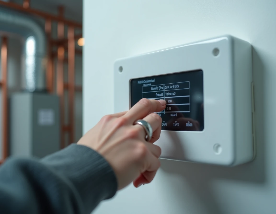 Gros plan sur l'écran LCD d'un régulateur ENC OZE 92 affichant un menu de paramétrage dans une chaufferie technique
