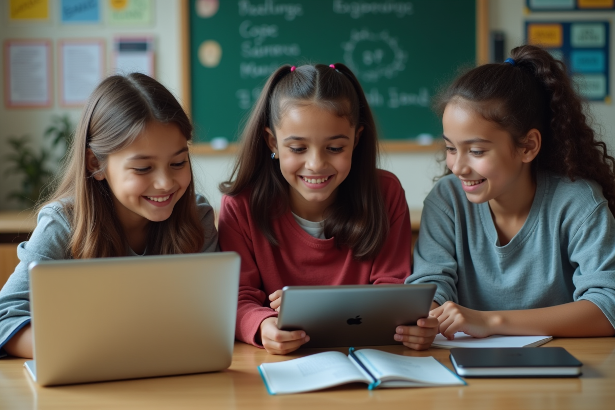 Groupe d adolescents en classe utilisant des ordinateurs et une tablette