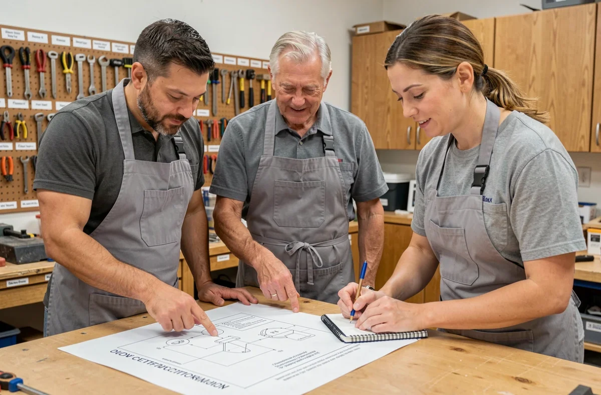Groupe d'adultes en formation bricolage certifiante autour d'un établi dans un atelier pédagogique
